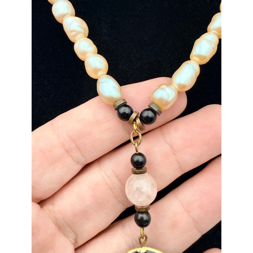 Vintage Necklace Pearl Rose Quartz Cloisonne Flower Pendant Womens Pink Cream - Picture 9 of 12